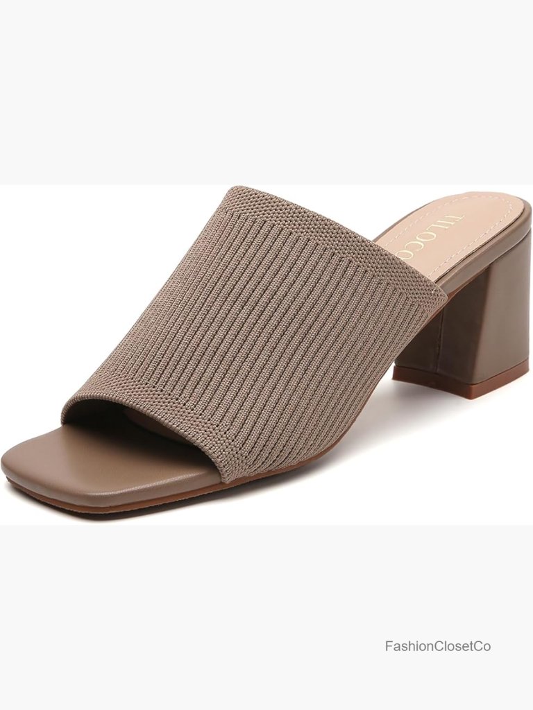 Knit Heeled Sandals - Chunky Block Low Heel Slip On Mules Square Open Toe